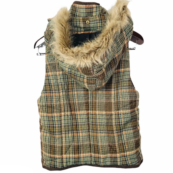 BBDakota• wool Brown Plaid Tartan Fur Hooded Flannel Vest medium - Picture 2 of 10